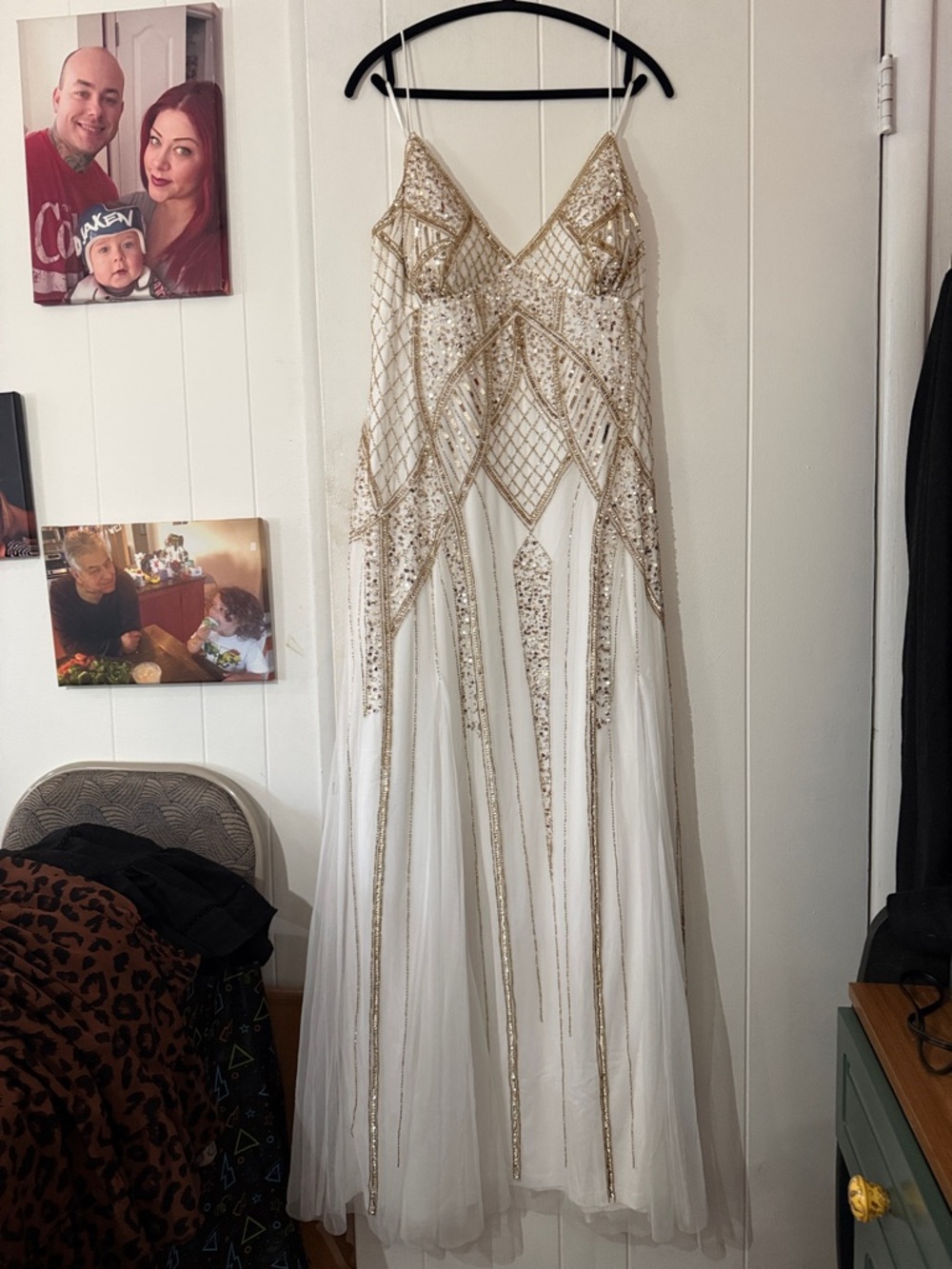bebe White and Gold Beaded Tulle Gown festival prom wedding dress